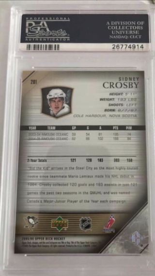 2005 - 06 Upper Deck Young Guns 201 Sidney Crosby Penguins RC Rookie PSA 9 2