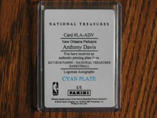 2018 - 2019 National Treasures Anthony Davis Cyan Printing Plate One of One 2