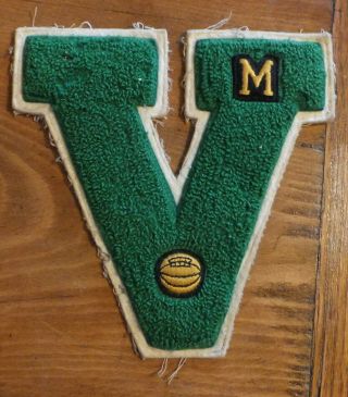 Vtg " V " Varsity School Letter W/ Basketball 6.  5 " Green Chenille Small Gold " M "