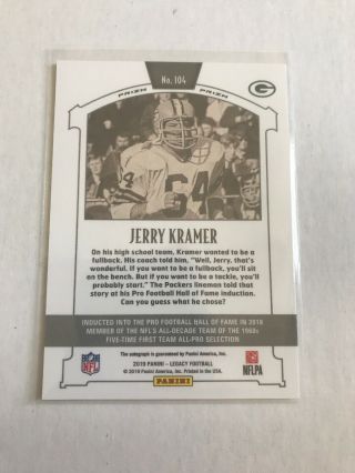 2019 Legacy Legends Green Bay Packers Jerry Kramer Prizm Auto 2