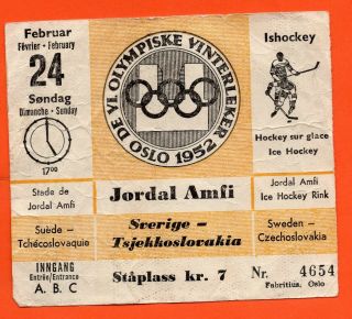 Oslo 1952 Winter Olympic Game Ticket Ice Hockey Sweden - Czechoslovakia