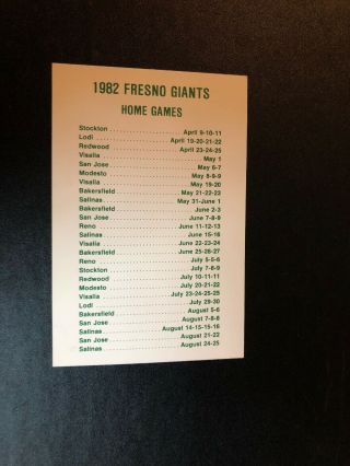 1982 Fresno Giants Minor League Baseball Pocket Schedule Card