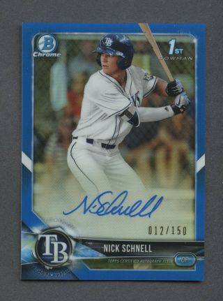 2018 Bowman Chrome Blue Refractor Nick Schnell Rays Rc Rookie Auto /150
