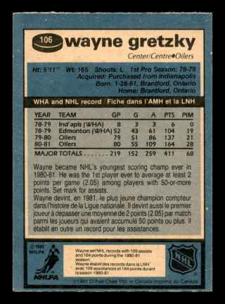 1981 - 82 O - Pee - Chee OPC 106 Wayne Gretzky NEAR -,  /NMM INV 02 2