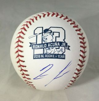 Ronald Acuna / Atlanta Braves / Autographed 2018 Nl Roy Oml Logo Baseball / Jsa