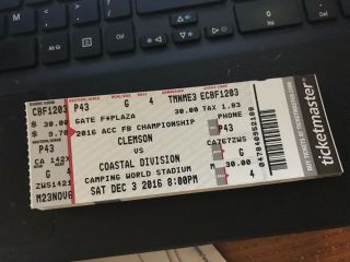 2016 Clemson Tigers Vs Virginia Tech Hokies Acc Championship Game Ticket Stub