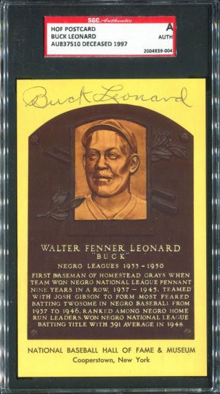 Buck Leonard Signed Hof Yellow Plaque Postcard Sgc Authentic (dec.  1997)
