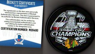 Beckett - Bas Patrick Sharp Autographed - Signed 2015 Stanley Cup Champions Puck 480