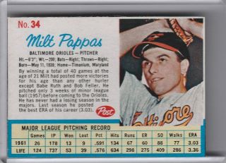 1962 Post Cereal 34 Milt Pappas Baltimore Orioles 3018