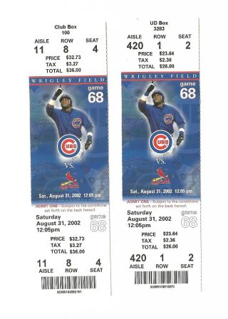 Chicago Cubs Vs St.  Louis Cardinals Baseball Tickets From 8/31/2002