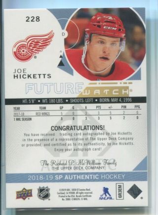 2018 - 19 Joe Hicketts SP Authentic AUTO FUTURE WATCH Rc 486/999 Detroit Red Wings 2