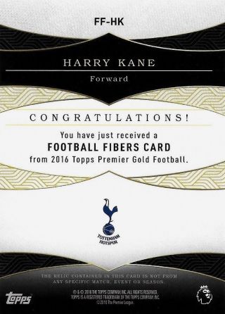 2016 TOPPS PREMIER GOLD Harry Kane Tottenham Purple Jersey Relic Patch Card /50 2