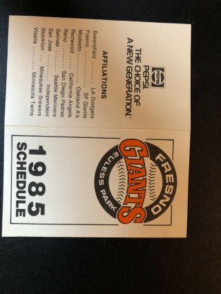 1985 Fresno Giants Minor League Baseball Pocket Schedule