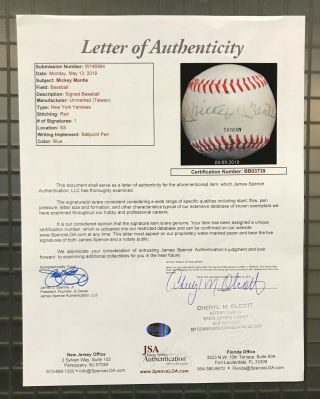 Mickey Mantle Single Signed Yankee Logo Baseball AUTO JSA LOA NY Yankees HOF 4