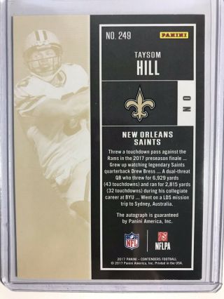 2017 Contenders TAYSOM HILL Rookie Ticket Auto ORLEANS SAINTS 2