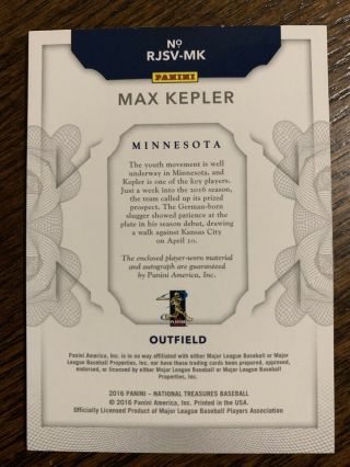 2016 National Treasures RPA Rookie Jersey Signatures Gold Max Kepler /25 2