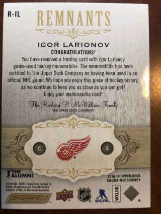 18 - 19 UD Engrained Remnants Game Stick R - IL Igor Larionov /100 2