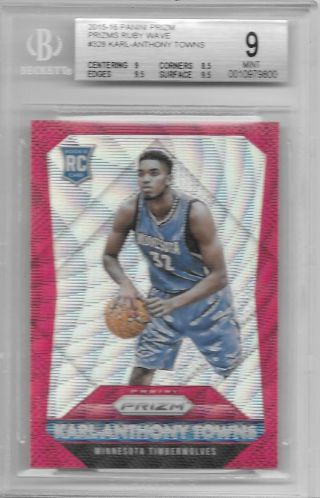 2015 - 16 Karl Anthony Towns Prizms Ruby Wave Rc - Bgs 9 W/9.  5 Subs - 313/350