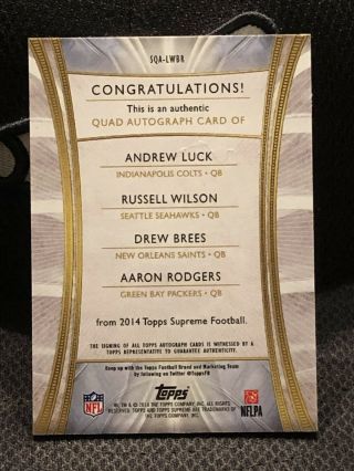 5/5 Andrew Luck Russell Wilson Drew Brees Aaron Rodgers 2014 Topps Supreme Auto 2