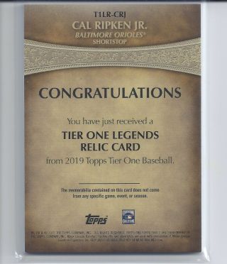 Cal Ripken Jr.  Orioles Jersey 78/175 2019 Topps Tier One Legends Relic T1RL - CRJ 2