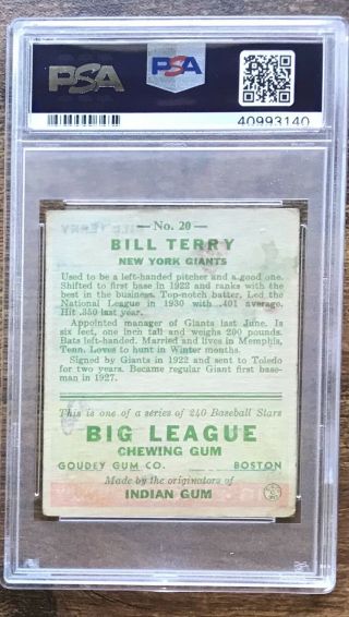 1933 Goudey Baseball Card 20 Bill Terry York Giants PSA 2 Good HOF 2