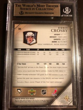 2005 - 06 SIDNEY CROSBY PENGUINS YOUNG GUNS 201 ROOKIE CARD BGS 9.  5 W/10 SUB 2