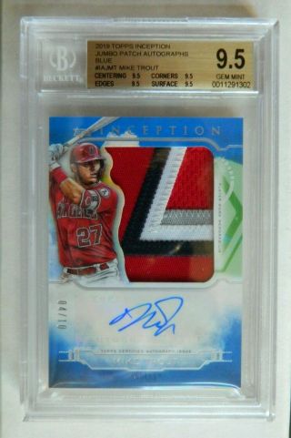 2019 Topps Inception Mike Trout Blue Jumbo Patch Auto 4/10 Bgs 9.  5 Auto 10.  0