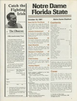 NOTRE DAME vs FLORIDA STATE October 10 1981 Football Program & Ticket Stub 4