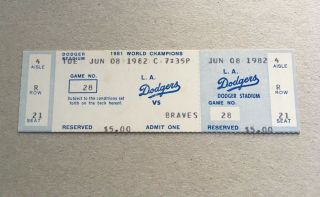 Dusty Baker 1,  500th Game 1500 June 8 1982 6/8/82 Dodgers Braves Full Ticket