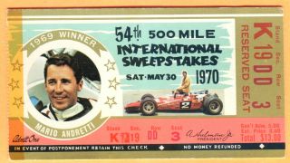 1970 Indianapolis 500 Racing Ticket Stub - Mario Andretti Photo (1969 Winner)