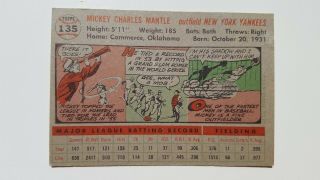1956 Topps Mickey Mantle York Yankees 135 Baseball Card EX to Near 9