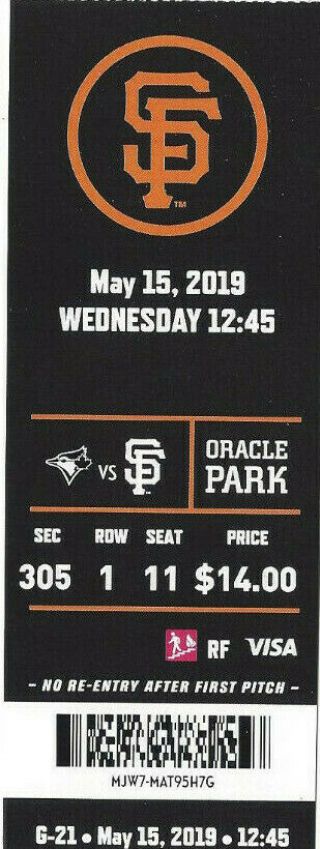 Toronto Blue Jays Vs San Francisco Giants Ticket Stub 5/15/19 -