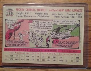 1956 Topps Mickey Mantle York Yankees 135 Baseball Card 3