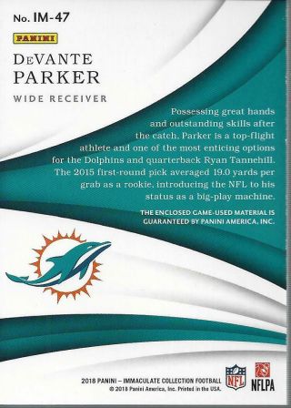 2018 Immaculate Numbers 47 DeVante Parker Patch /50 - NM - MT 2