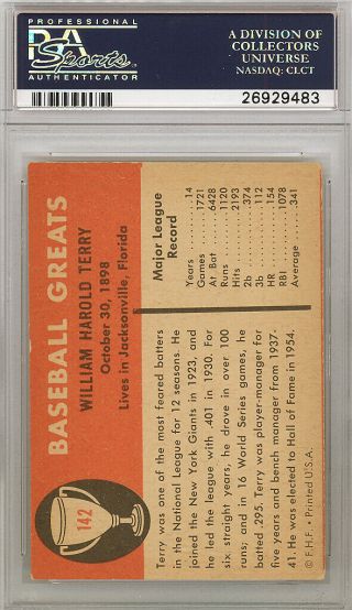 Bill Terry Autographed Signed 1961 Fleer Card 142 York Giants PSA 26929483 2
