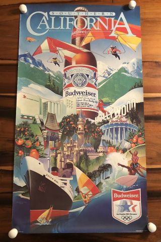 Vintage Budweiser Disneyland Olympics Advertising Poster 1984 Los Angeles Ca E3