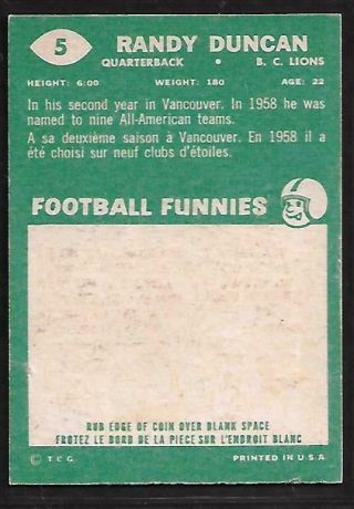 1960 TOPPS CFL FOOTBALL: 5 RANDY DUNCAN QB RC,  B.  C.  LIONS 2