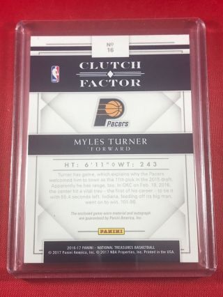 MYLES TURNER - 2016 - 17 National Treasures ' Clutch Factor ' JERSEY PATCH AUTO /25 4