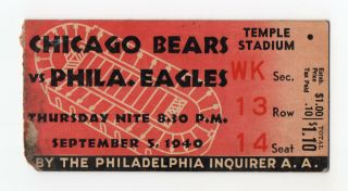 Chicago Bears Vs Philadelphia Eagles Vintage 1940 Nfl Ticket Stub (temple Stad. )