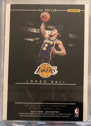 2018 - 19 Panini Noir Lonzo Ball Lakers Spotlight Signatures Auto /99 2