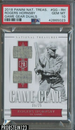 2018 National Treasures Game Gear Rogers Hornsby Dual Jersey 9/25 Psa 10
