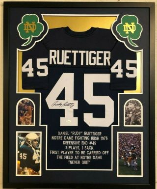 Framed Notre Dame Rudy Ruettiger Autographed Signed Stat Jersey Jsa