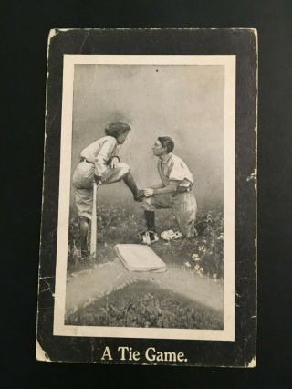 Antique Postcard A Tie Game Baseball Card W/ Lovers In Baseball Uniforms 1911