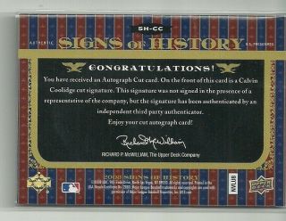 2008 Upper Deck Signs Of History Calvin Coolidge Cut Auto Autograph Card / 18 2