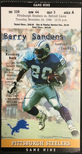 1998 Nfl Football Ticket Pittsburgh Steelers Barry Sanders 15000 Yard Rush