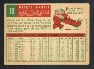 1959 Topps 10 Mickey Mantle York Yankees HOF 2