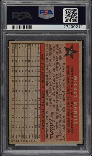 1958 Topps Mickey Mantle ALL - STAR 487 PSA 5 EX (PWCC) 2