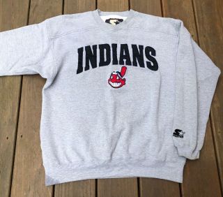 Vtg Cleveland Indians Sewn Chief Wahoo Starter Grey Sweatshirt Men’s Size Medium