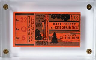 1938 Football Ticket Wake Forest Vs.  N.  C.  State Old Rivalry W/transparent Brick