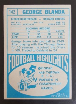 1968 TOPPS FOOTBALL CARD GEORGE BLANDA 142 NRMT RANGE BV $20 2